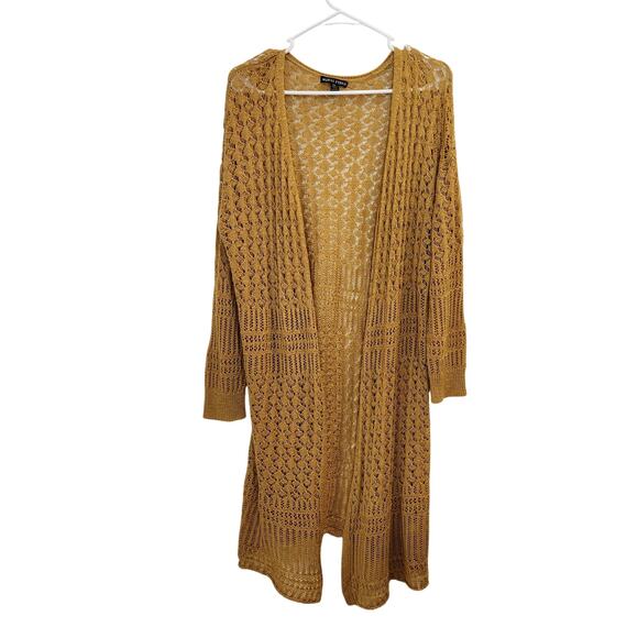 Moral Fiber Open Front Pointelle Knit Cozy Long Cardigan Sweater Yellow Size 2X - Picture 1 of 9